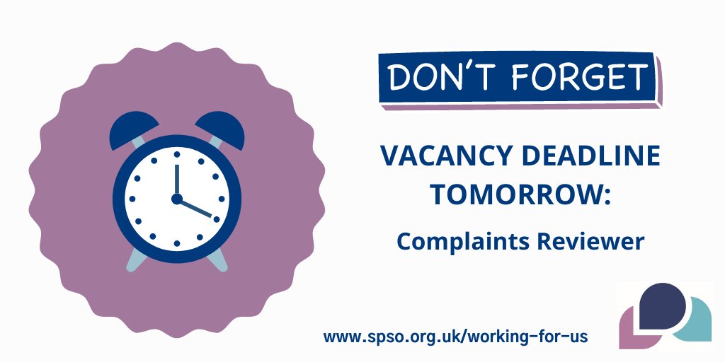 🚨 Deadline tomorrow! Our Complaints Reviewer vacancy closes tomorrow, Wednesday 24 April 2024, at 2pm. The role is key in our work, analysing and resolving complaints across a wide range of sectors. Details of application can be found on our website: spso.org.uk/vacancy-compla…