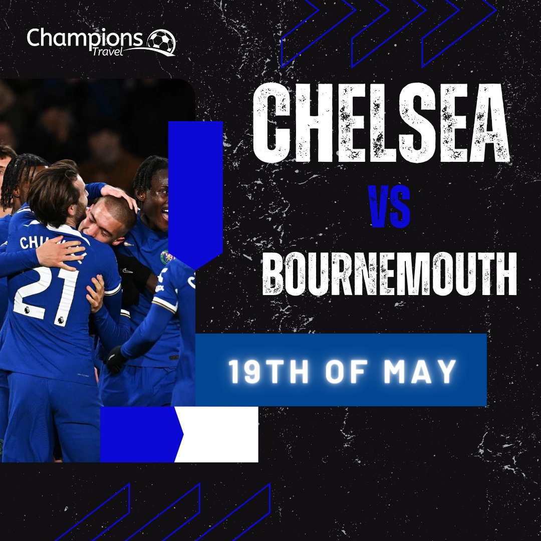 #Chelsea takes on #Bournemouth on the 19th of May at #StamfordBridge - Get your Champions Travel Packages now! Our Canoville Suite Package includes Luxury Padded Seats East Stand, Middle Tier on the 18 Yard Line, Access 2.5hrs Pre/1hr Post Match &amp; more: champions-travel.com/tickets/premie…