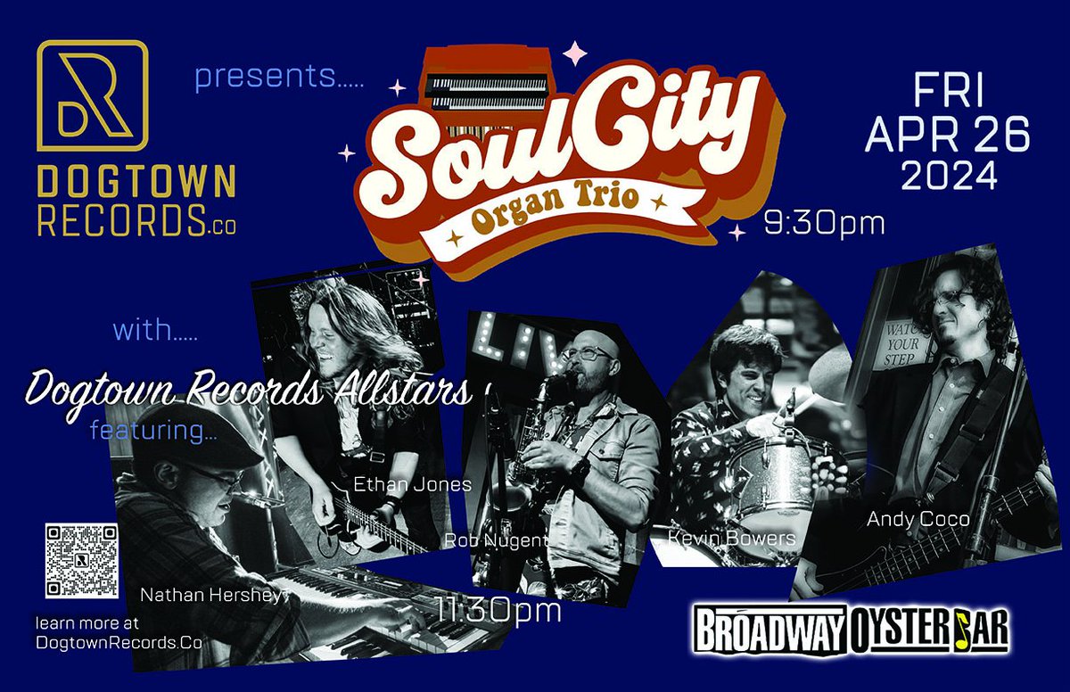 FRIDAY ☆ April 26th Dogtown Records Presents: Soul City Organ Trio with Dogtown Records Allstars 9:30P @cocofunk #BroadwayOysterBar #LeaveYourAttitudeAtHome #StLouis #SupportLocalMusic #STLMusic