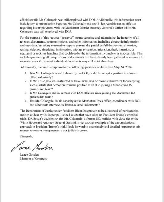 🚨 JUST IN: Congressman Lance Gooden (R-TX) DEMANDS Attorney General Merrick Garland and District Attorney Alvin Bragg turn over ALL records related to the hiring of former Biden Administration Attorney Matthew Colangelo on the prosecution team of Donald Trump.

🔥🔥🔥🔥