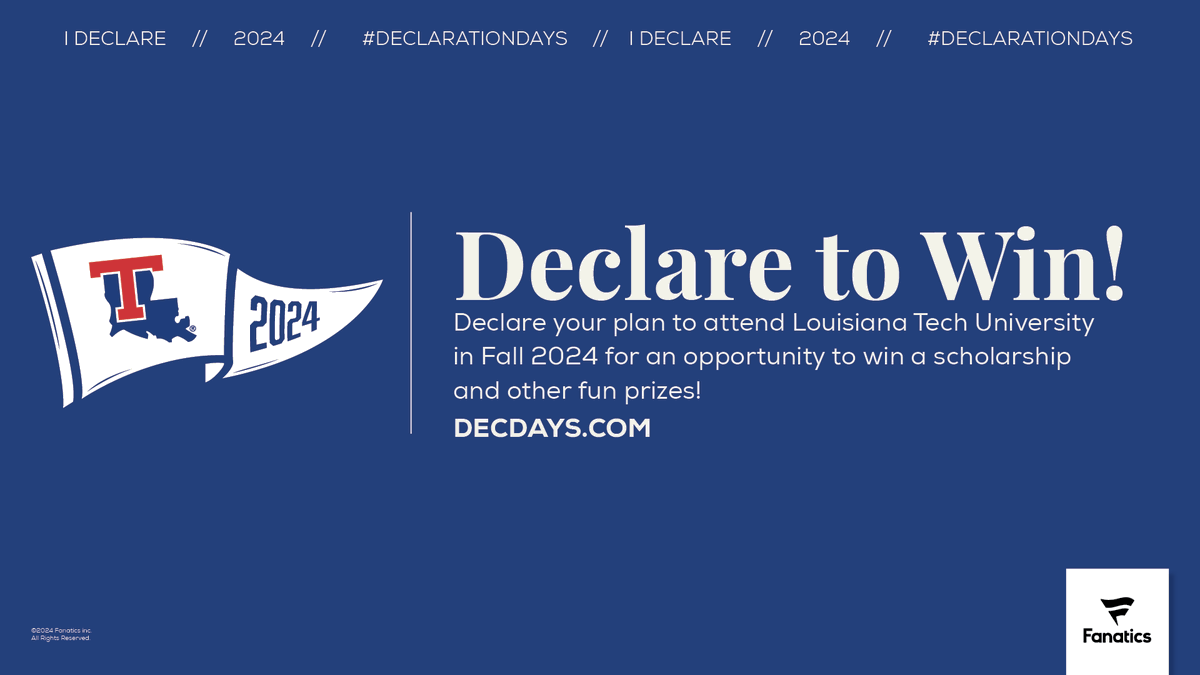 There’s still time for future Bulldogs to win a $10,000 scholarship from @Fanatics! Visit decdays.com to declare you’re attending Louisiana Tech in the fall to enter to win one of three scholarships. #DeclarationDays runs through May 1.