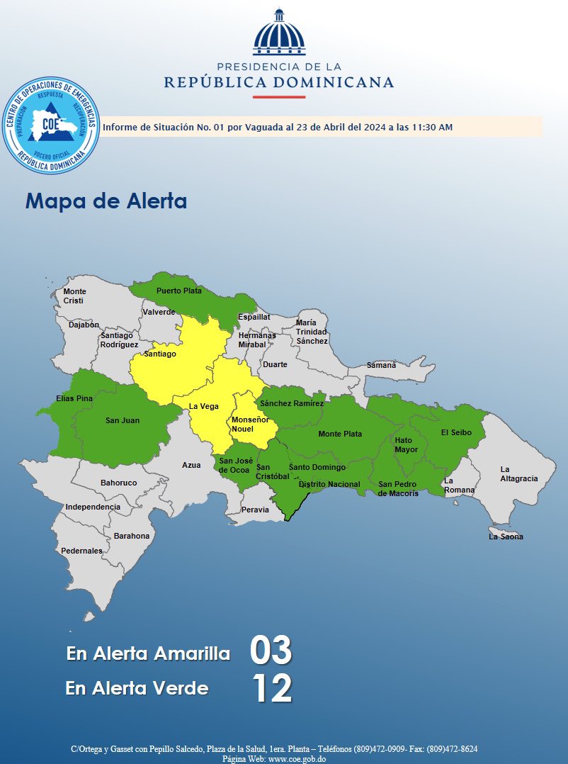 Se incrementan (3) Provincias en Alerta Amarilla y (12) provincias en Verde por posible Inundaciones repentinas urbanas y rurales, crecidas de ríos, arroyos y cañadas, así como deslizamientos de tierra…