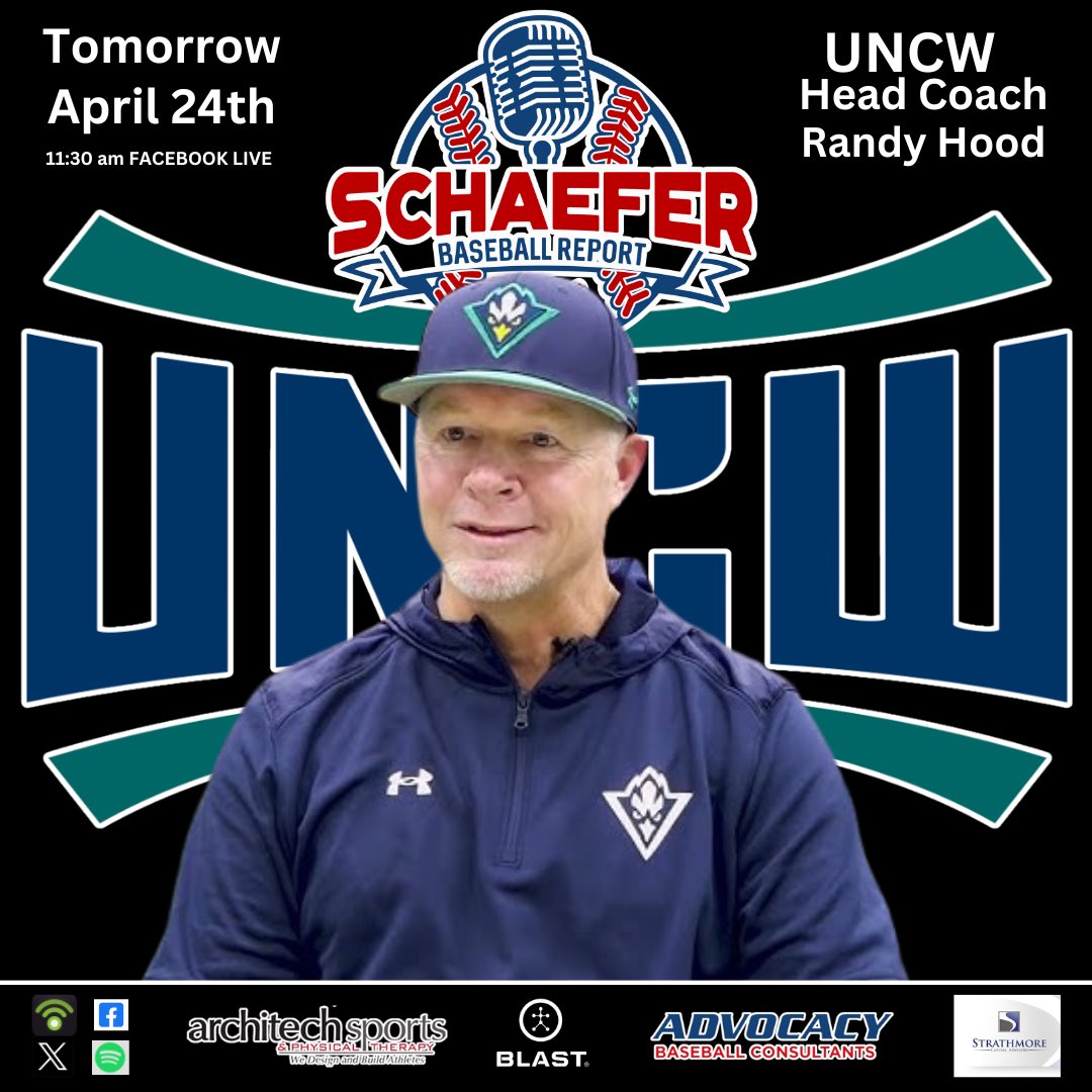 Tomorrow April 24 @JeffSchaefer2 @ToddFriedman10 @andrewzike on the SCHAEFER BASEBALL REPORT host @UNCWBaseball Head Coach RANDY HOOD @CoachHood17 11:30am on FB live