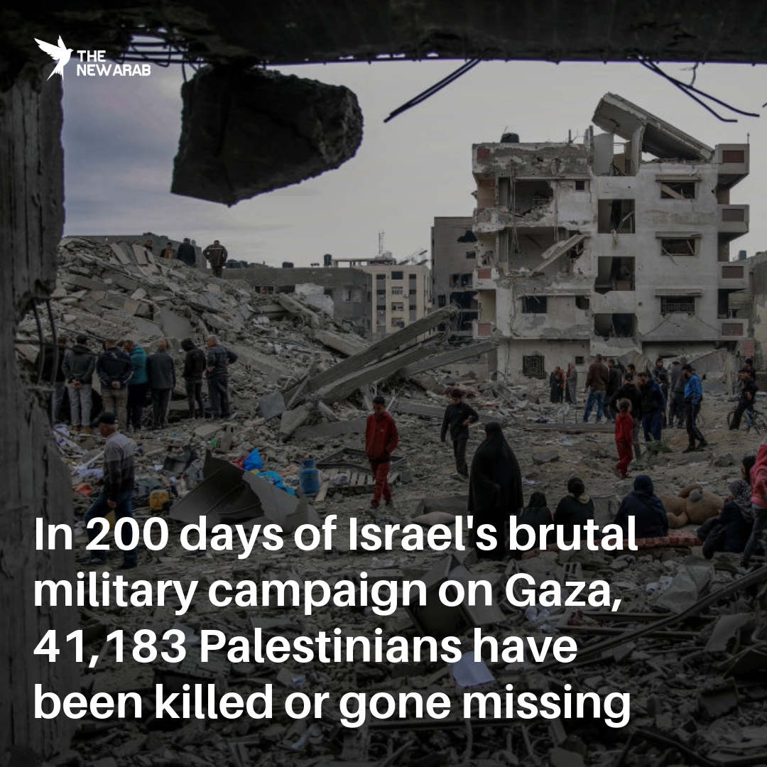 Today marks 200 days since Israel started its relentless war on Gaza. In those 200 days, a total of 41,183* Palestinians have either been killed by Israel or have gone missing as a result of its brutal military campaign on the coastal enclave. *Figures from Gaza's media office