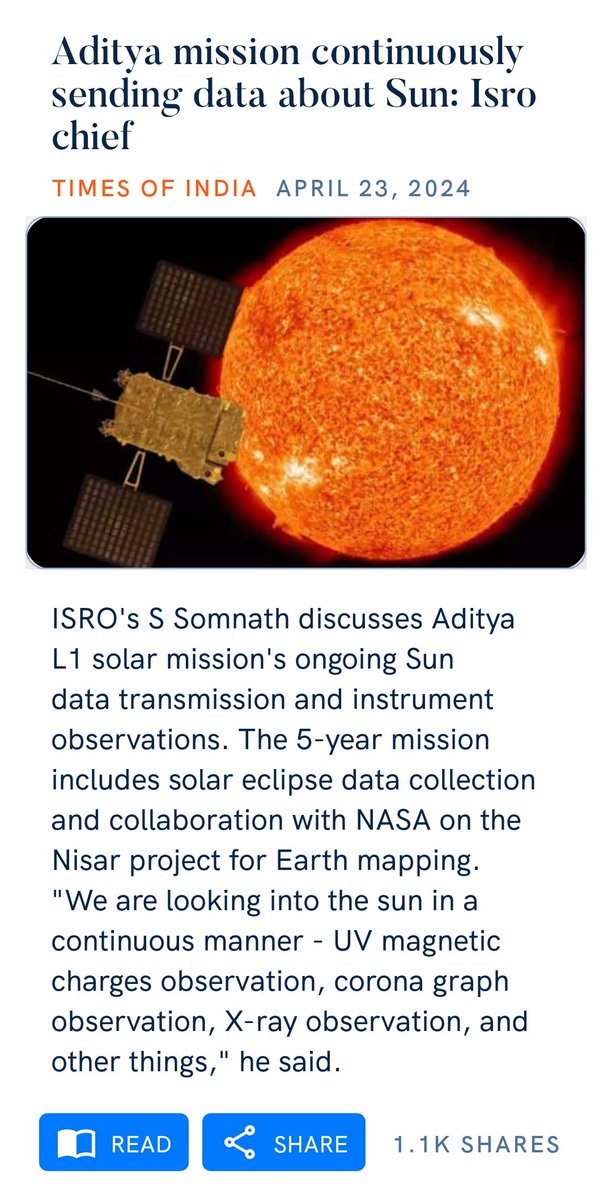 Aditya mission continuously sending data about Sun: Isro chief timesofindia.indiatimes.com/india/aditya-m… via NaMo App