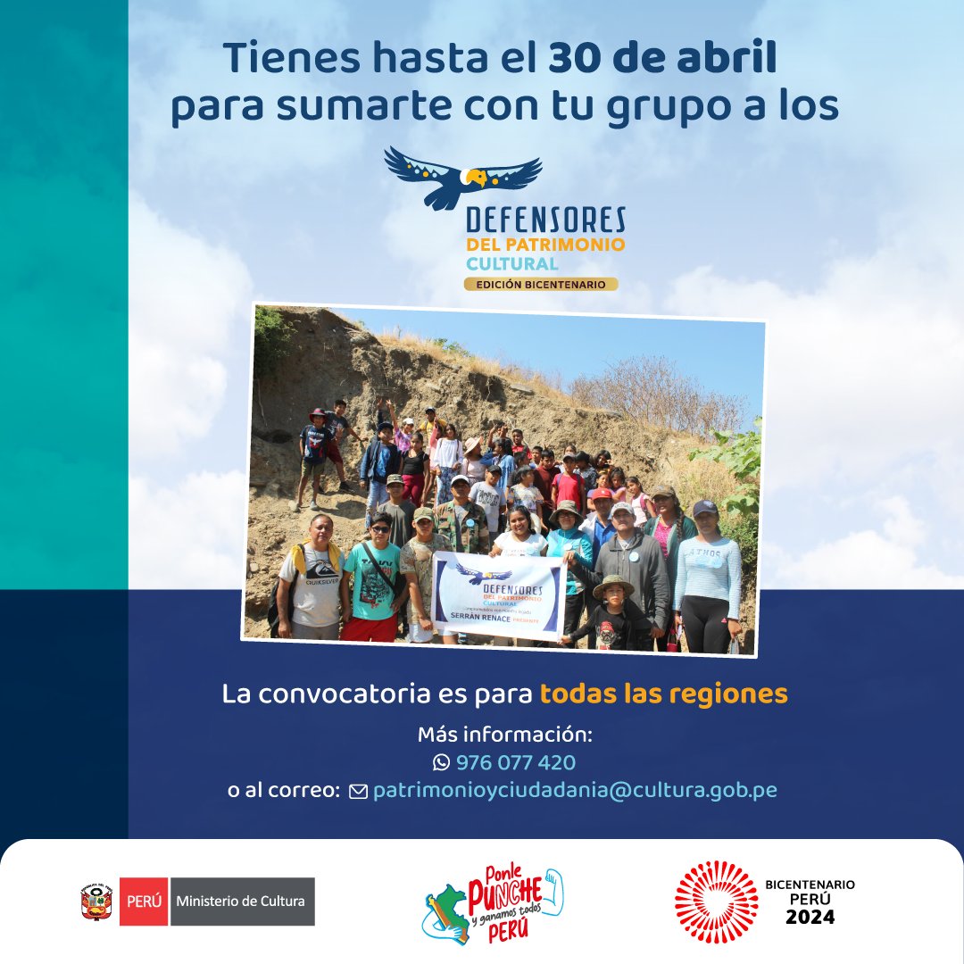 El patrimonio cultural de tu comunidad te necesita, y tú puedes ser un agente de cambio. Recuerda que puedes inscribirte hasta el 30 de abril con tu agrupación y formar parte de Defensores del Patrimonio Cultural. ¡Contamos contigo! Más información 🙋🏾 bit.ly/3vchX7m