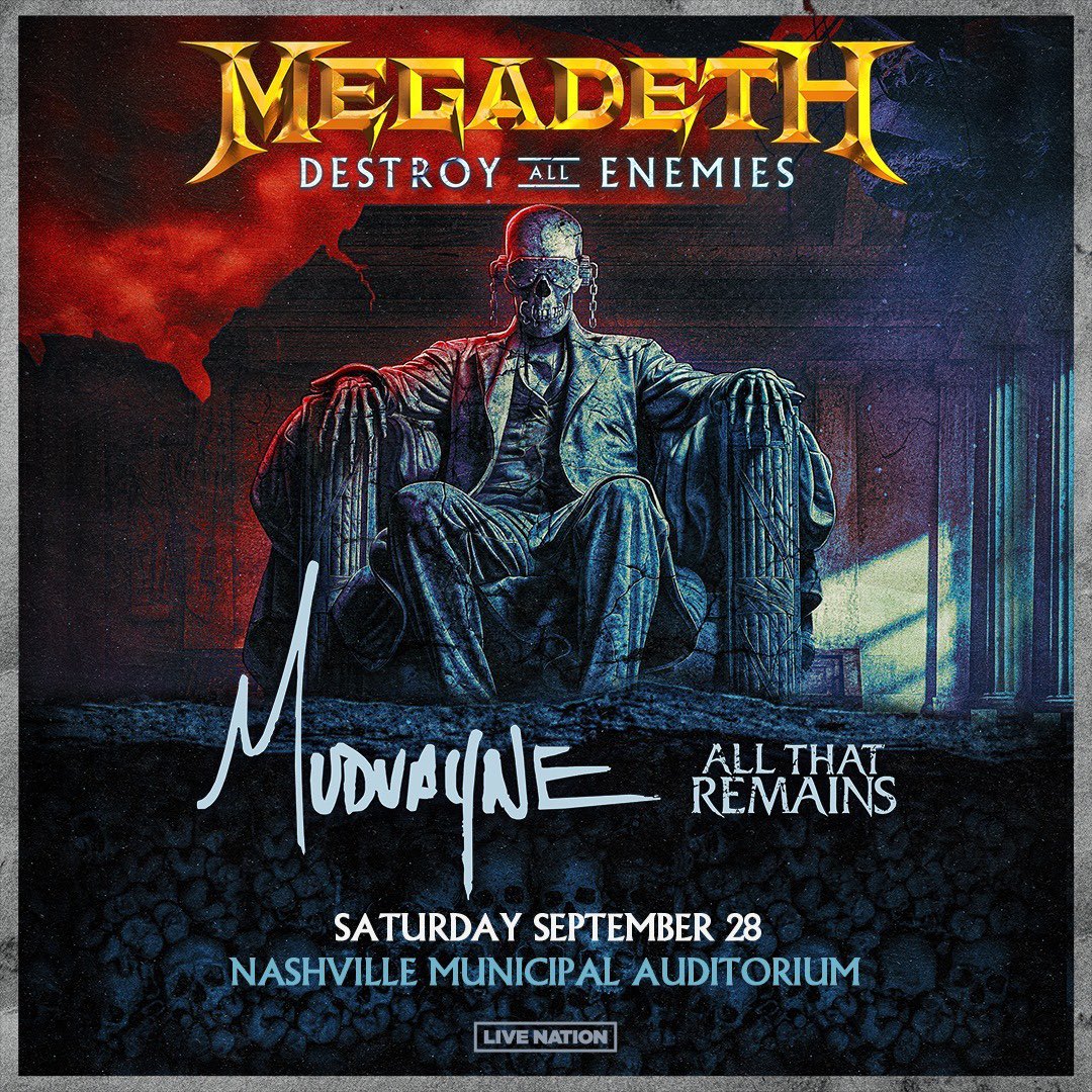 JUST ANNOUNCED! The one and only Megadeth arrive at Nashville Municipal Auditorium on their Destroy All Enemies Tour Saturday 9/28 with Mudvayne and All The Remains! Tickets on sale this Friday! #nashvilleisthereason