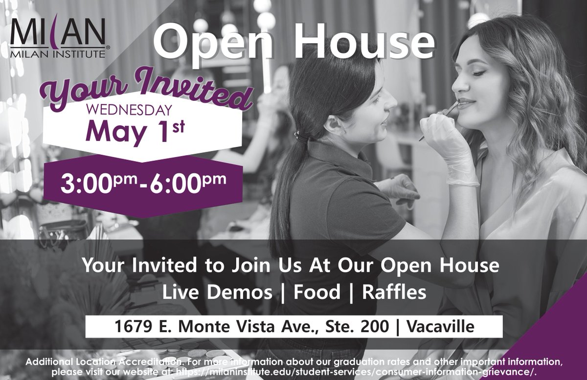 Mark your calendars! Our Vacaville Open House is happening on May 1st. Don't miss this chance to get firsthand experience of our campus, learn about our programs, and watch amazing demos. 📅🏫

#MilanInstitute #MICVacaville #Vacaville #OpenHouse #CareerTraining