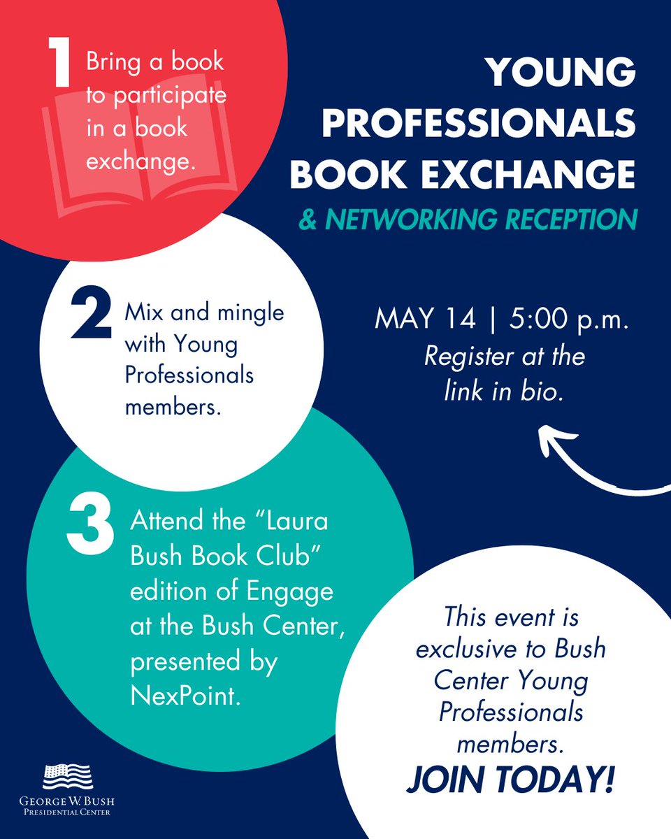 Bush Center Young Professionals members are invited to join us for a book exchange and networking reception prior to the Engage at the Bush Center program presented by NexPoint. 📚 Meet your next favorite book at our book exchange where members can bring a gently used book to