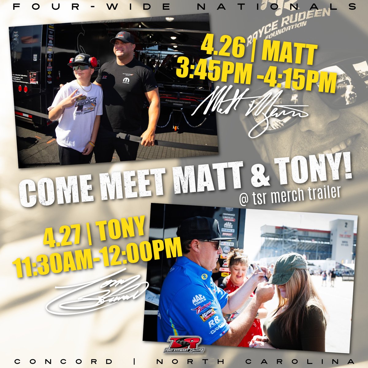 We'll have the @TSRStore merch trailer at the #4WideNats. Be sure to stop by on Friday to visit @MattHagan_FC and Saturday to visit @TonyStewart! 

#TSRnitro | #NHRA | #Dodge | @zMAXDragway