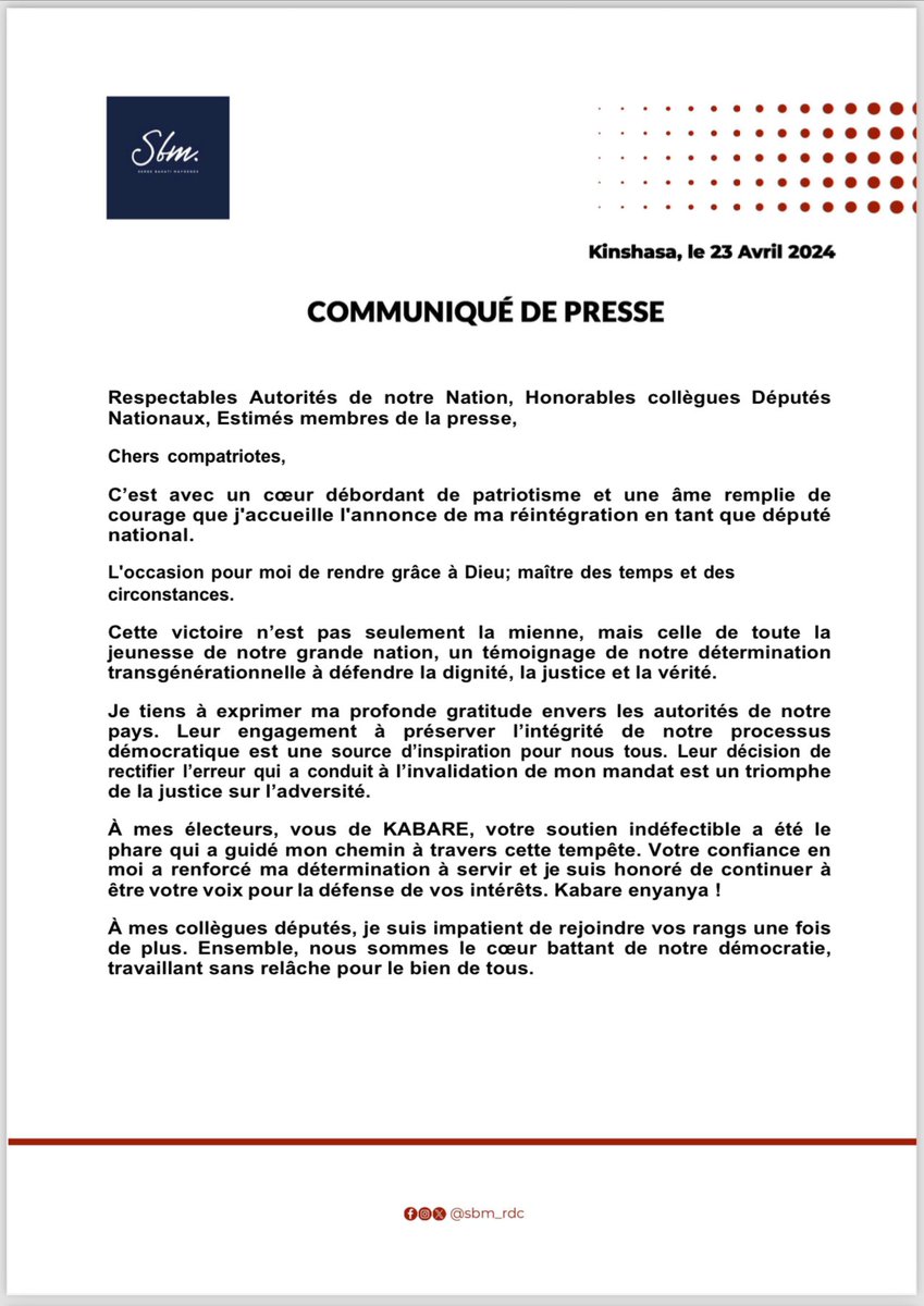 Sbm_rdc's tweet photo. #RDC : C’est avec un cœur débordant de patriotisme et une âme remplie de courage que j'accueille l'annonce de ma réintégration en tant que député national. Voici mon communiqué ⬇️ https://t.co/GbubKH4qmw