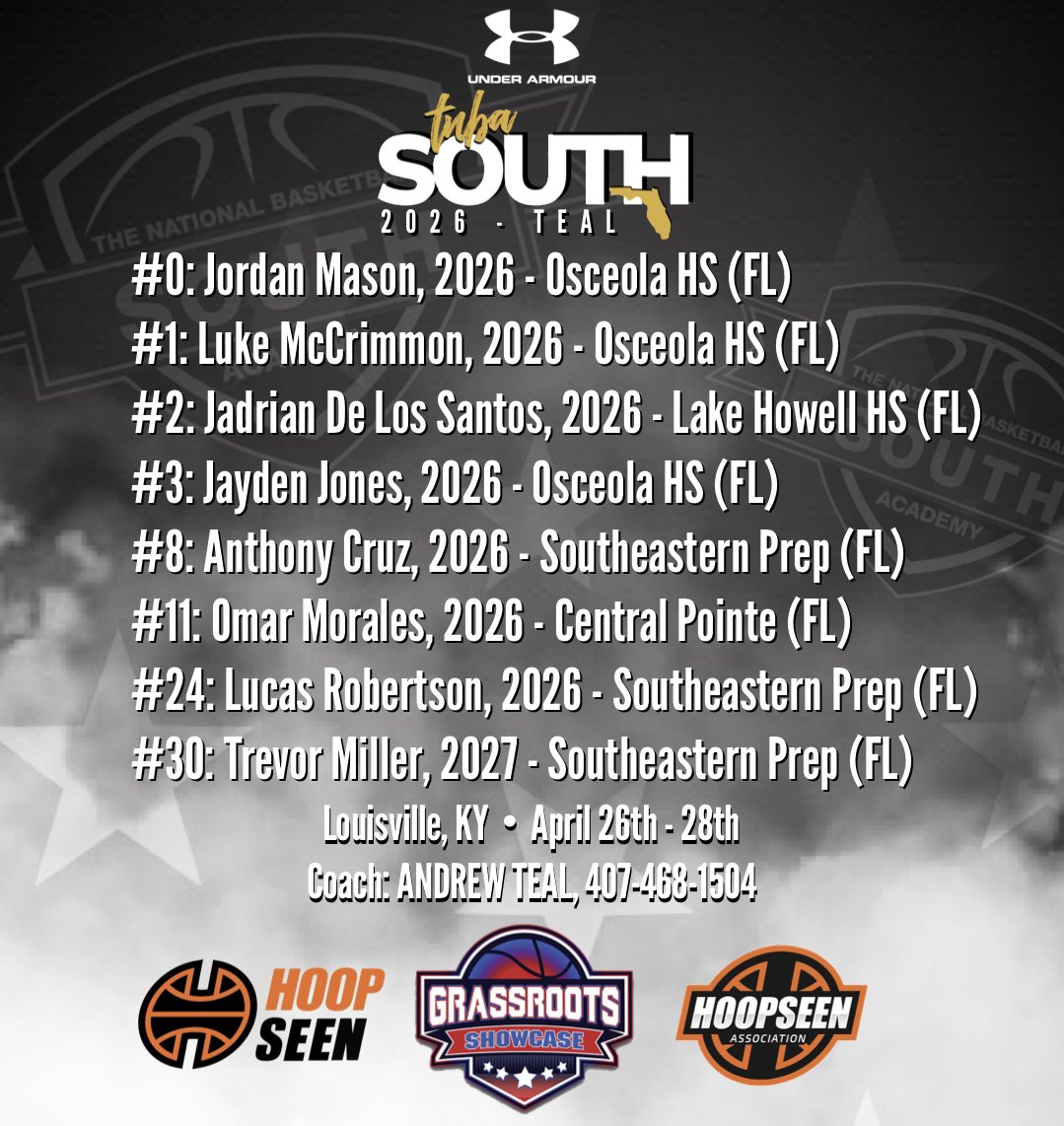 TNBASOUTH's tweet photo. On the road FL🛫KY w/ @hoopseen &amp; @Ohio_Basketball for #GrassrootsShowcase

#TNBASOUTH 2026 - Teal
@jordan2mason
@showtime_lukee
@tbejadrian
@JaydenJones_no9
@anthonyclemcruz 
@OmarMorales0511
@LRobertson_26 
@tmiller2027 
@millerthyme30 

@_joshtec @HoopSeenJuJu @JustinDYoung https://t.co/V8zbCleAnA