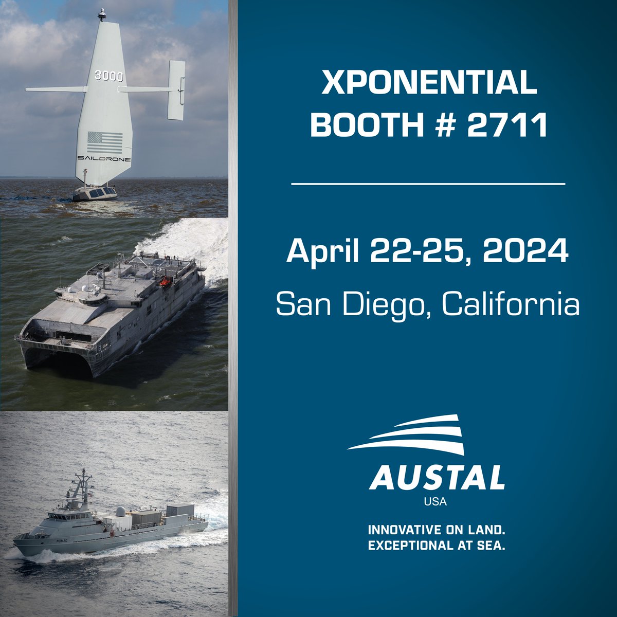 Visit Austal USA at @AUVSI XPONENTIAL 2024 to learn more about our autonomous surface vessel programs. Business development and engineering representatives are available to meet with you and discuss our innovative autonomous and unmanned solutions.