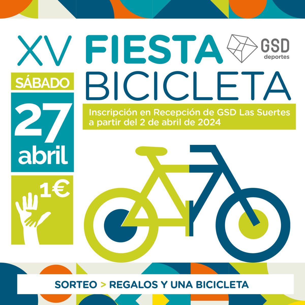 El sábado 27 de abril, se celebra la Fiesta de la Bicicleta en GSD Las Suertes.
Hay varios recorridos adaptados cada uno de ellos a las edades de los participantes.
Para participar solamente tienes que inscribirte en a recepción de GSD Las Suertes
¡Os esperamos !

 #gsdeducacion