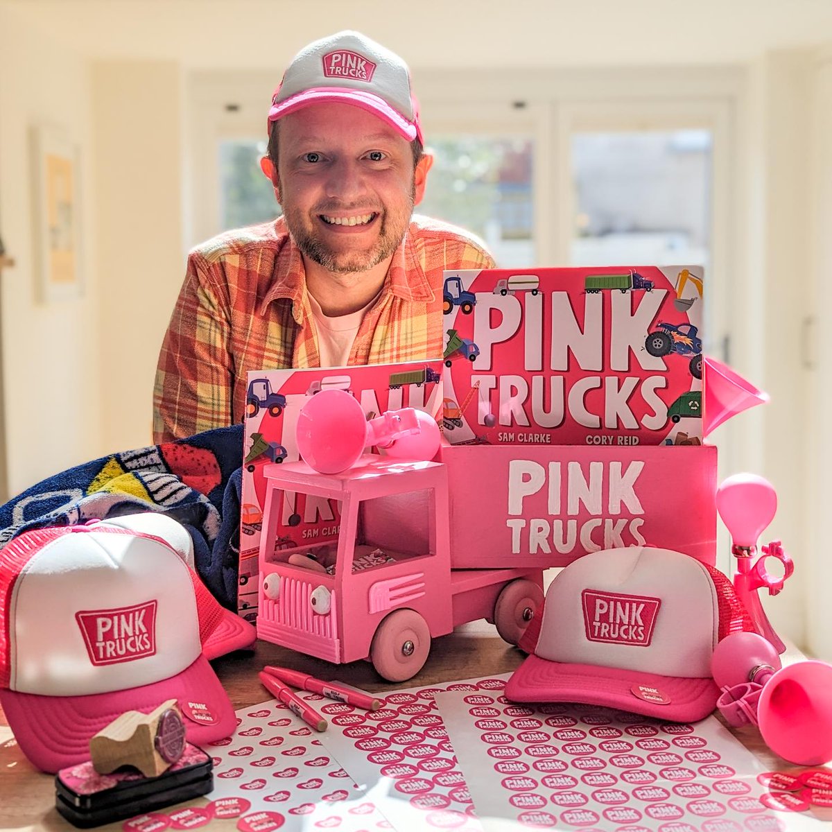 All prepped for my first ever author school visit tomorrow at #AshtonGatePrimary with @StorysmithBooks! Looking forward to setting the noisiest ever pink trucker horns loose! Thanks @5Quills_kids! #kidlit #picturebooks #authorschoolvisits #edutwitter #pinktrucks #authorlife