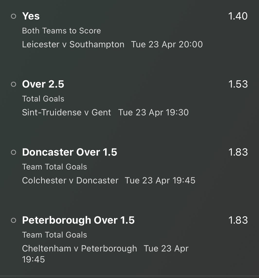 Mixed ACCA ⚽️

🏴󠁧󠁢󠁥󠁮󠁧󠁿🇧🇪🏴󠁧󠁢󠁥󠁮󠁧󠁿🏴󠁧󠁢󠁥󠁮󠁧󠁿

Odds 7.21 💸
