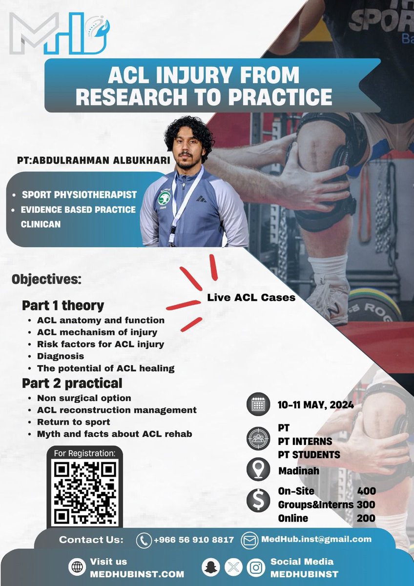 Medhubinst's tweet photo. نتشرف في #ميد_هب في المدينة المنورة دعوتكم لحضور ورشة عمل بعنوان:

✨ACL injury from research to practice 
 ✨

مع الأخصائي الرائع:عبدالرحمن البخاري @abbdu_PT 

🏷️ سعر الكورس:
للاخصائيين ٤٠٠
للمجموعات والطلاب ٣٠٠
الاونلاين ٢٠٠

🚨تطبيق عملي على حالات ACL
🚨مقاعد محدودة جدا

للمزيد من المعلومات:
📞 +966569108817

رابط التسجيل:
https://t.co/NbmxZG2Cyh