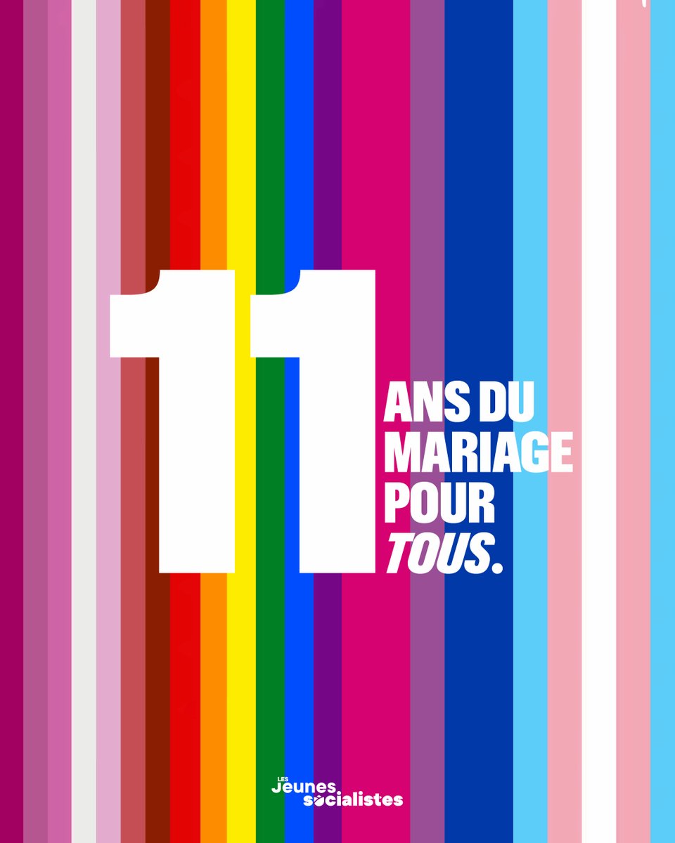 Il y a 11 ans, la France devenait le 14e pays au monde à autoriser le mariage pour les couples de mêmes sexe ! Continuons à militer pour la fin des discriminations et des agressions verbales et parfois physiques que subissent encore trop de personnes LGBTI+. ✊