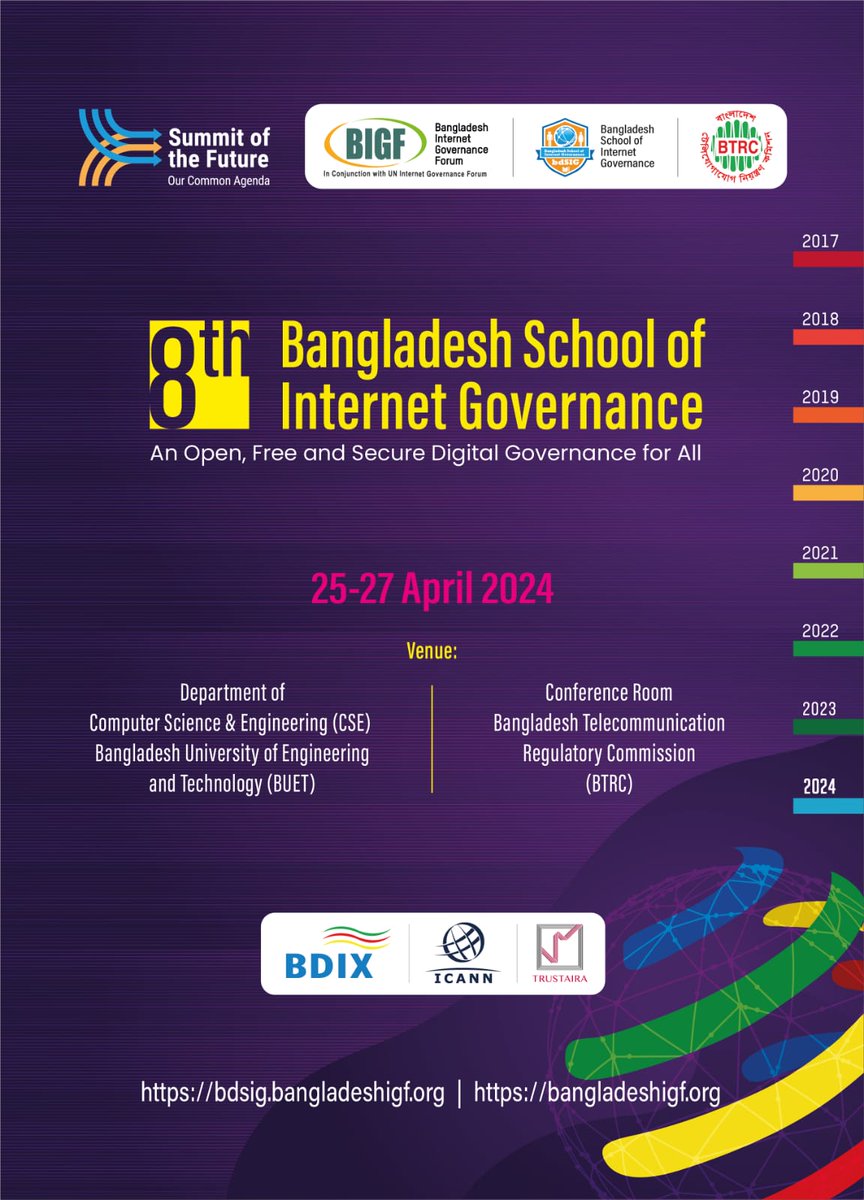 AshrafRahmanBD's tweet photo. 8th Bangladesh School of Internet Governance

Objective:
· Increase knowledge on Digital eco system
· Develop next generation leadership on Internet Governance
· Define rights and freedom in the Digital environment
· Intensify political leadership for Smart Bangladesh

#bdSIG2024 https://t.co/O0PKCiF264
