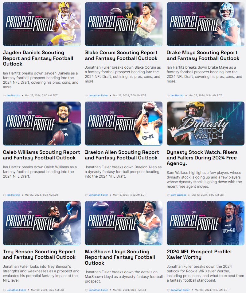 The @MBFantasyLife crew has been producing non-stop fantasy football scouting reports on all of the top fantasy-relevant prospects ahead of draft day! Good stuff here if you're into reading words with your eyes: fantasylife.com/articles/dynas…