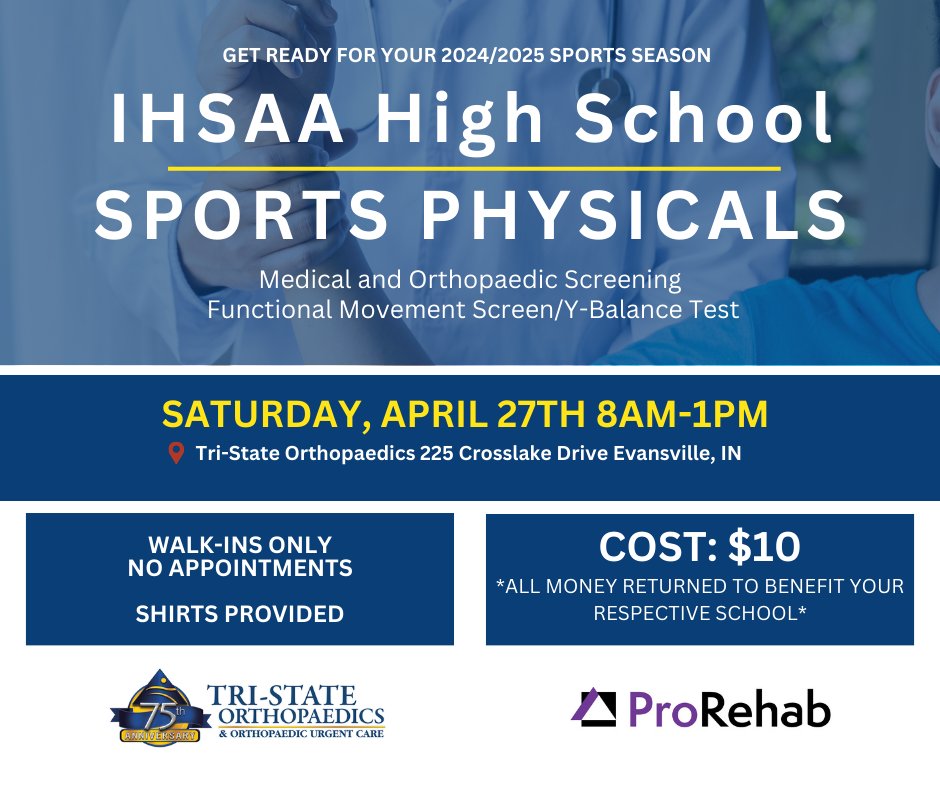 📢THIS SATURDAY, APRIL 27TH 8AM-1PM📢

Be sure to take advantage of this awesome opportunity to get ready for the 2024-2025 sports season. We will see you this Saturday at Tri-State Orthopaedics East. #ihsaa #sportseason #TSOS