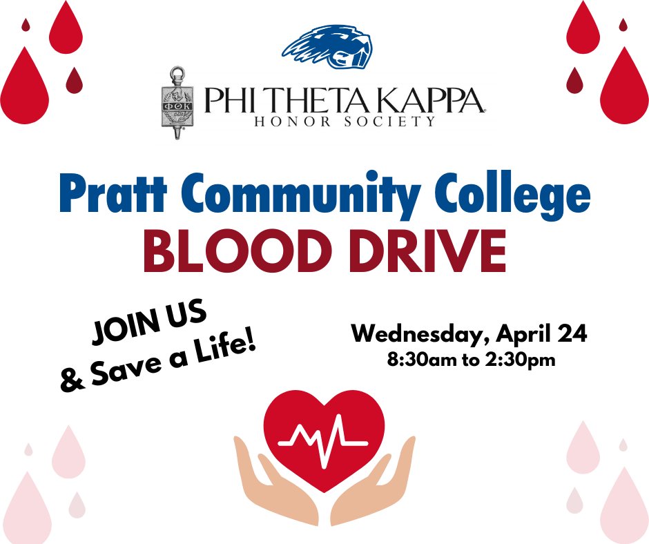 Phi Theta Kappa at PCC is sponsoring a blood drive on campus with the American Red Cross tomorrow April 24, from 8:30 am - 2:30 pm.

Drive Details:
Site: Pratt Community College - Dennis Lesh Sports Arena
Date: Wed April 24, 2024
Time: 08:30 AM - 02:30 PM