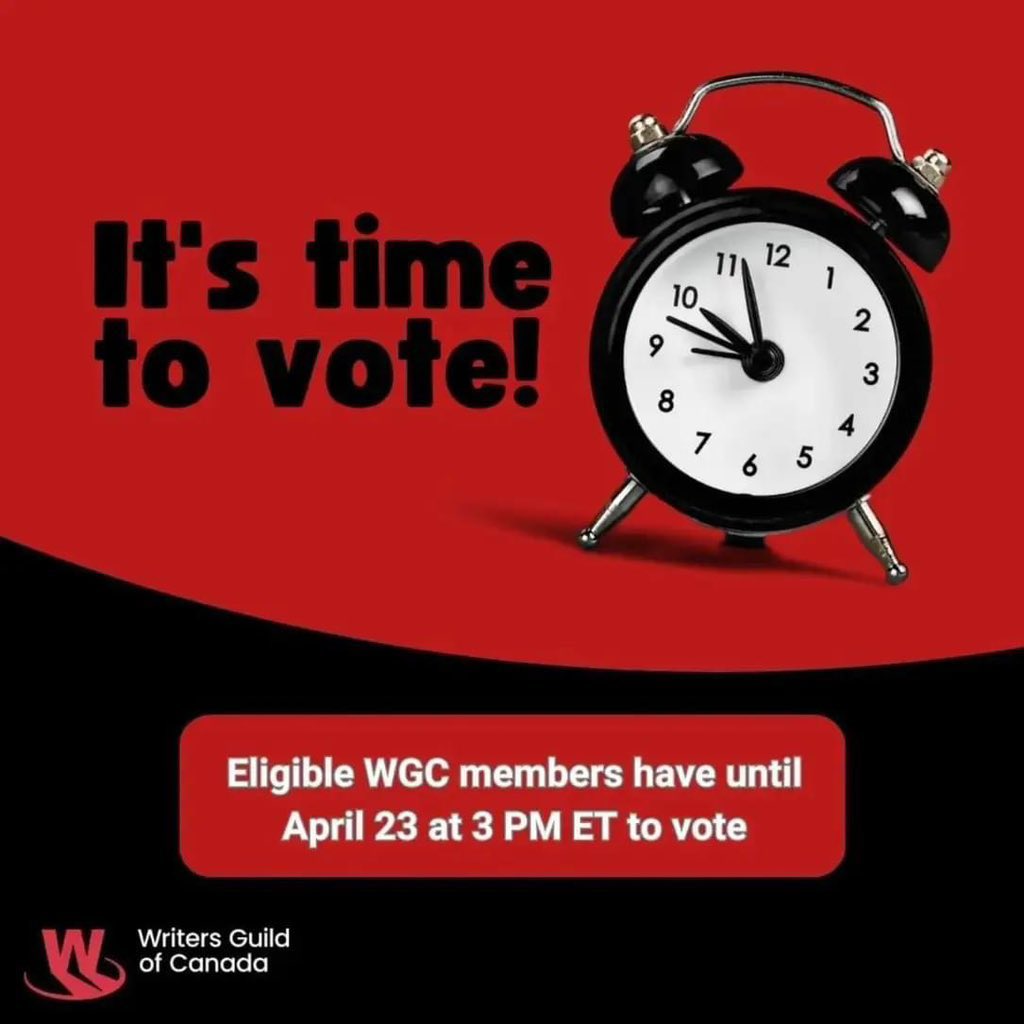 Final push! Voting closes @ 12pm PT! We’ve gotten so much support from fellow creative unions (thanks @DGCTalent @ACTRAToronto @IATSECANADA @WGAWest). Both orgs are under bargaining media blackout but any Qs (as writers or producers) about our stance, ask members! #WGCStrong