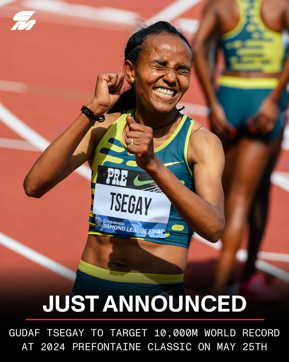 👀 WORLD RECORD ATTEMPT 👀

At the 2024 @nikepreclassic, 10,000m world champion Gudaf Tsegay will attempt to break the 10,000m world record of 29:01.03 set by Letesenbet Gidey in 2021.

Tsegay owns a personal best of 29:29.73 from her victory at last year’s Ethiopian national…