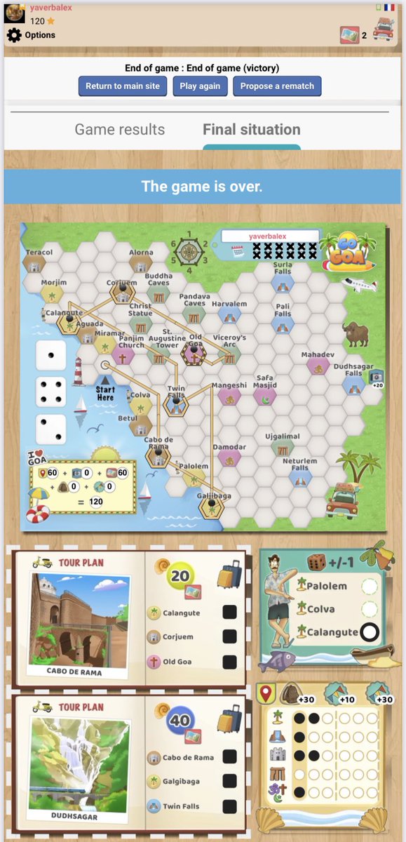 Was pleasantly surprised by the outcome of my solo run play of Go Goa by <a href="/KheoGames/">Kheo Games</a> on <a href="/BoardGameArena/">Board Game Arena</a>