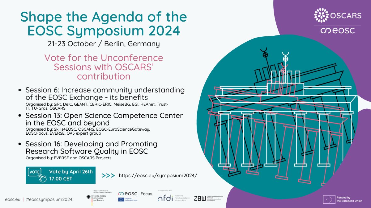 Shape the agenda of the #EOSCsymposium 2024! Vote for the sessions w/ OSCARS' contribution: n.6, Increase community understanding of EOSC Exchange n.13, OS Competence Centre in EOSC & beyond n.16, Developing & Promoting Research Software Quality in EOSC 🗳️eosc.eu/symposium2024/