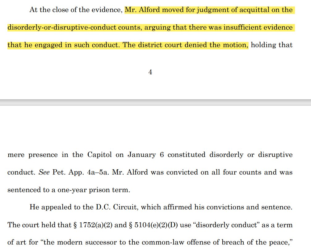 As Josh Gerstein just reported at Politico, SCOTUS requested a response from DOJ in petition for writ of cert filed by Russell Alford, convicted by a DC jury of 4 misdemeanors for J6. This doesn't mean SCOTUS will take up the case but it does mean they want some answers. The