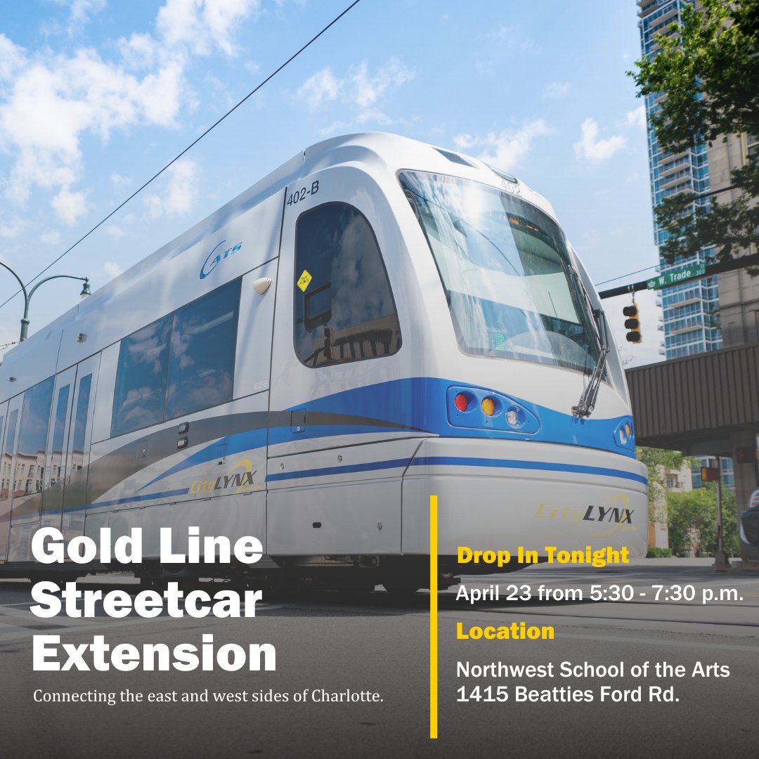 📢 The Gold Line extension project is underway, and your voice matters! Drop in tonight anytime from 5:30-7:30 p.m. at Northwest School of the Arts to share your thoughts on this design phase and participate in a brief survey. 

Details at publicinput.com/catsgoldline 🚠 

#RideCATS