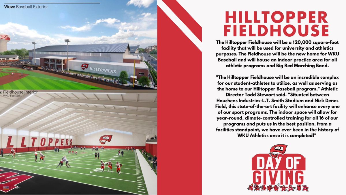 One of our initiatives on Day of Giving is the Hilltopper Fieldhouse. It will be a 120,000 square-foot facility that will be completed in 2025 taking our athletic programs to the next level! Follow the link below to give back! 🔗: WKUSports.com/DayOfGiving2024 #GoTops