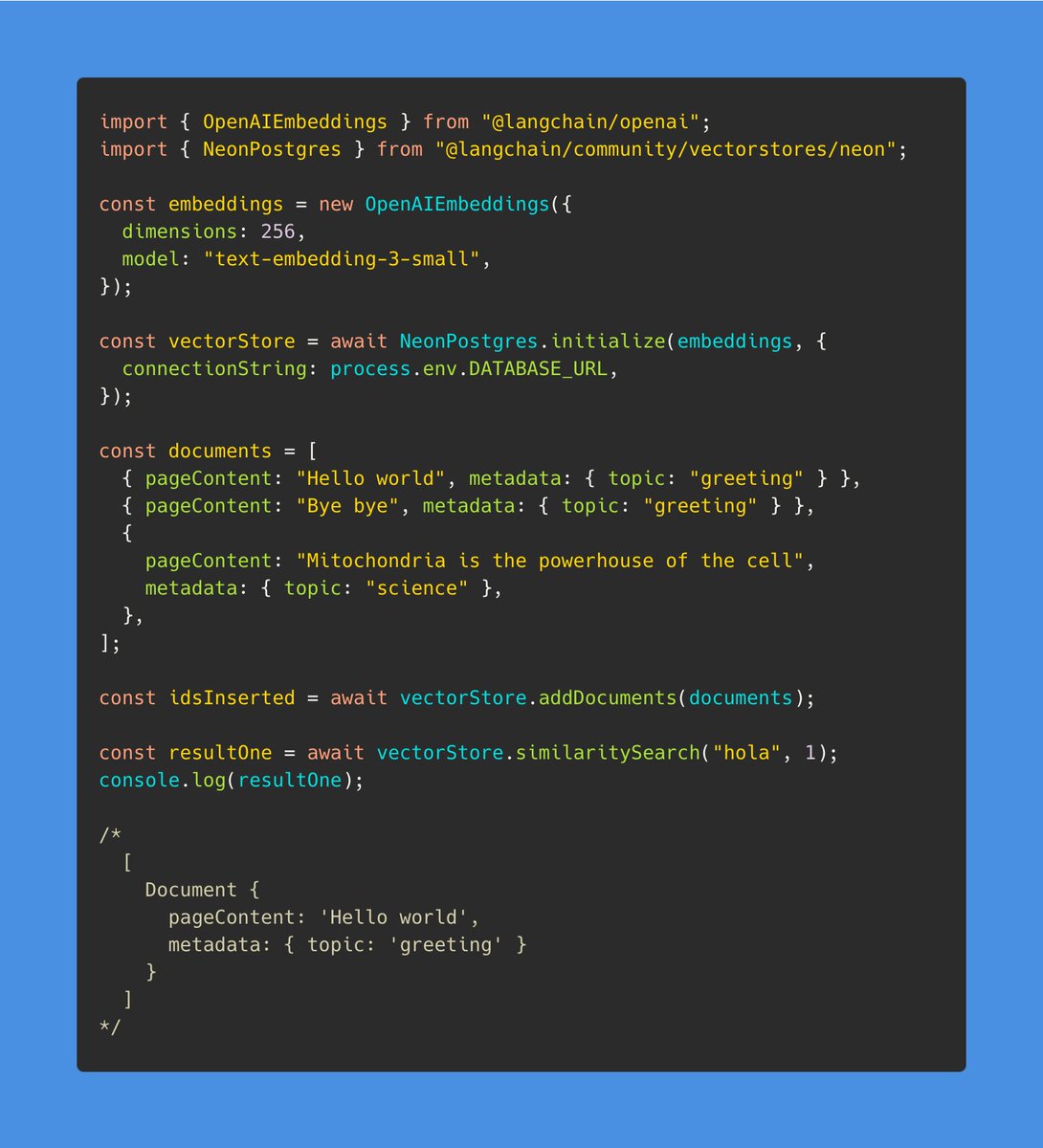 🚦🐘 Neon Postgres Vectorstore 🚦🐘 @neondatabase has awesome “serverless” Postgres scaling capabilities. You can now use them in RAG pipelines in @LangChainAI 🦜🔗 JS/TS as a vectorstore! Install the latest community package to try it. h/t @ananis25 js.langchain.com/docs/integrati…