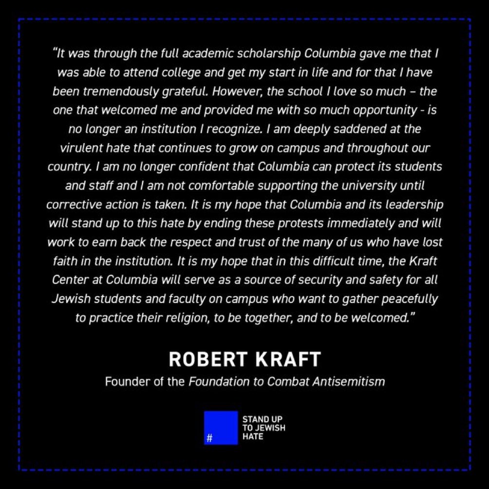 #RobertKraft refuses to support the lunacy and #antisemitism being celebrated at Columbia - and other 'elite' universities. Maybe he can take that same money and support @madisonparkhs - the only Trade High School in #Boston. Empower city kids, not privileged anarchists! #bospoli