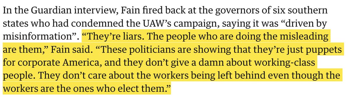 Six GOP Southern governors accused the UAW of using 'misinformation & scare tactics' in its campaign to unionize VW UAW President Shawn Fain called BS & said the governors were 'liars' & using scare tactics—He called them puppets of the billionaire class theguardian.com/us-news/2024/a…