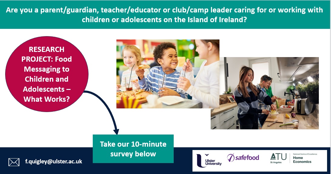 📢Research survey - Food Messaging For parents/guardians, teachers or club/camp leaders (sports, scouts etc) living on the island of Ireland. We like your views on food messaging for children & adolescents. Survey here (10 minutes) 👇 forms.office.com/e/B6nctYKLqC