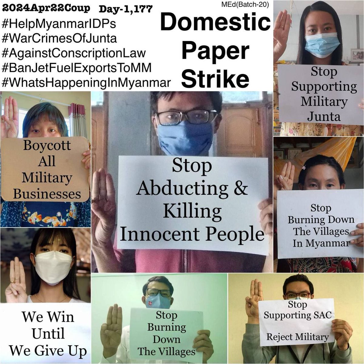 Daily anti-coup revolutionary domestic strike by pro-democracy CDMer teachers from Sagaing University of Education as 1,177th day.  #2024Apr23Coup #AgainstConscriptionLaw #WhatsHappeningInMyanmar