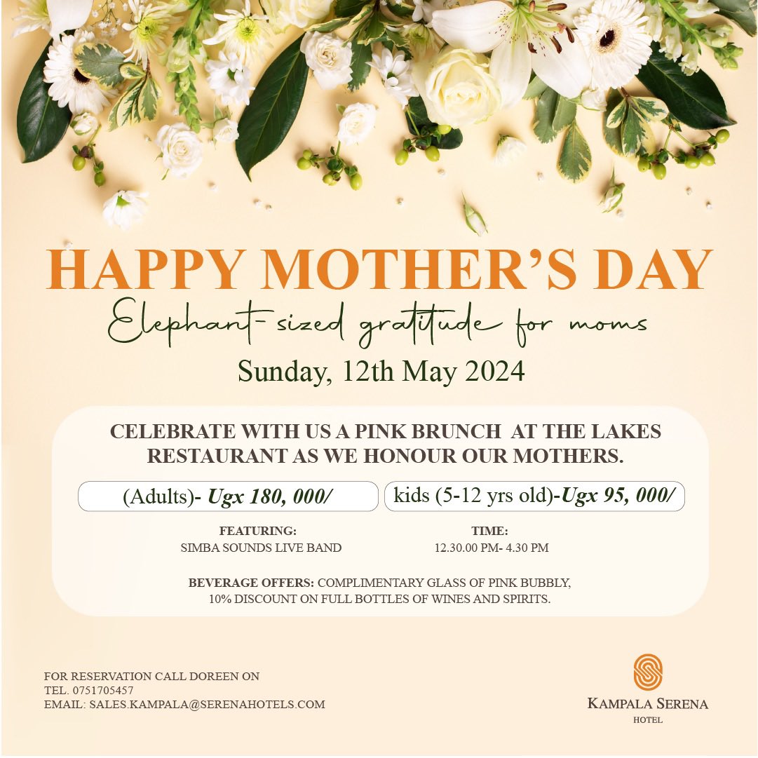 HOME IS WHEREVER MOM IS!!!!! Join us this #mothersday @thelakesrestaurant for a Pink-fun-filled Brunch as we honor MOTHERS!!! For bookings please call: Doreen +256751705457 “Mothers are like glue. Even when you can’t see them, they’re still holding the family together.”