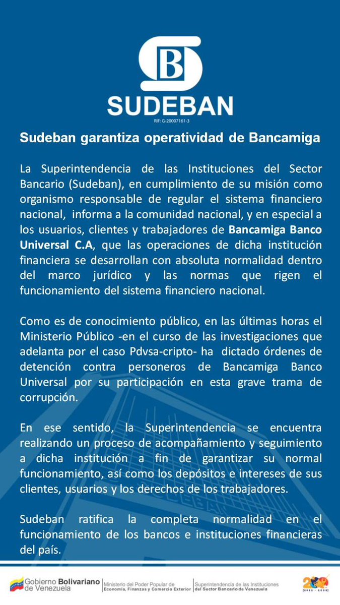 #Comunicado📰| SUDEBAN garantiza a los usuarios, clientes y trabajadores de Bancamiga Banco Universal C.A. que se continúa trabajando de forma normal dentro del marco jurídico y las normas que rigen el funcionamiento del sistema financiero nacional. #VenezuelaEsDDHH