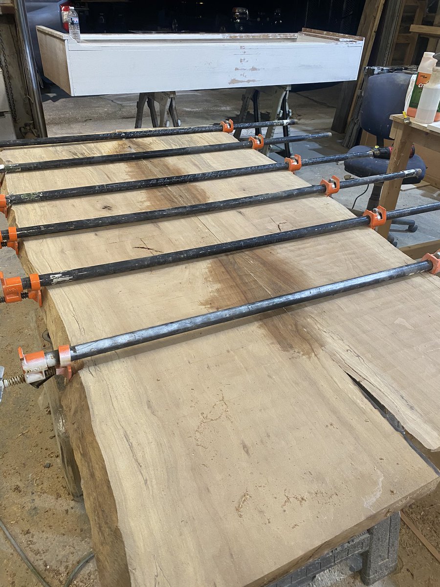 2 Sweet Gum table sets out of glue up and a Spalted Sycamore table set into glue up.  #woodworking #SmallBusiness