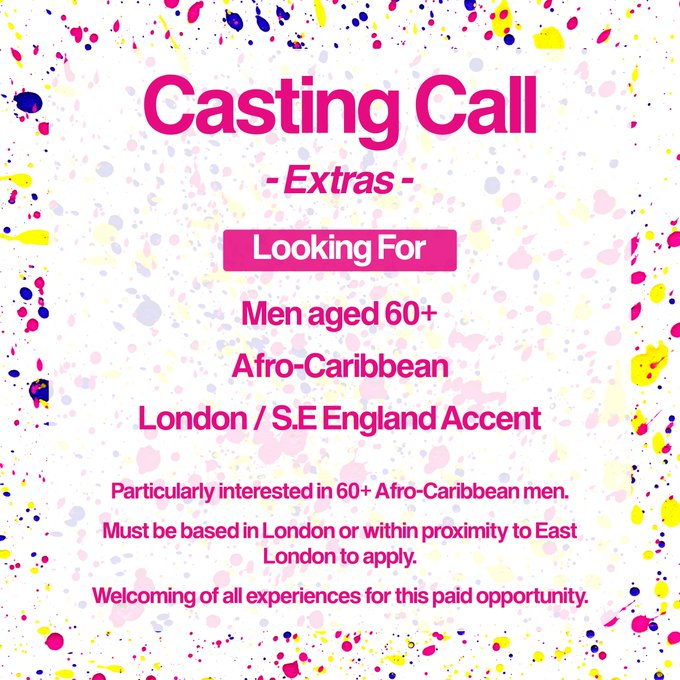 LensFlareProds's tweet photo. @UKCastingNews ⬇⬇⬇
#CastingCall - PAID OPPORTUNITY FOR EXTRAS 

 ♂️ MEN aged 60+ 
#AfroCaribbean talent 
#London / Urban accent  

Commercial #Filming Opportunity for male #actress #actor based in #London , #UK 

#mediajobs #casting #ukmedia 

https://t.co/WXL9rl3co4 https://t.co/Fe9GcRpjJb