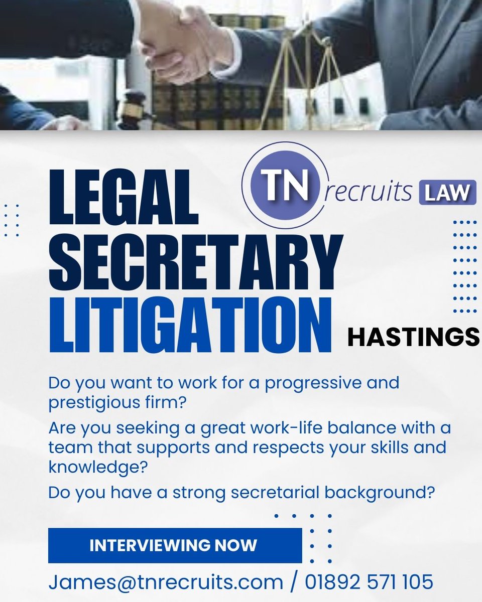 📣Litigation Legal Secretary sought for this prestigious firm based in Hastings!
Actively interviewing - contact James now for further detail and to apply!
📧James@tnrecruits.com / ☎️01892 571 105
#tnrecruits #legaljobs #legalcareer