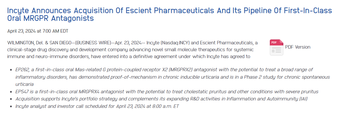BiopharmIQ's tweet photo. ⚡M&A update !!
📣 $INCY to acquire Escient Pharma,~$750M💰
⇒ Escient develops small molecule therapeutics💊
⇒ Focus on systemic immune and neuro-immune
disorders
⇒ First-In-Class Oral MRGPR Antagonists
▸ EP262 #CindU #CSU ;MRGPRX2;Ph2
▸ EP547 #cholestaticpruritus MRGPRX4
⇒ Support $INCY IAI R&D expansion & portfolio
⇒ Close by Q3 '24
See image for details👇