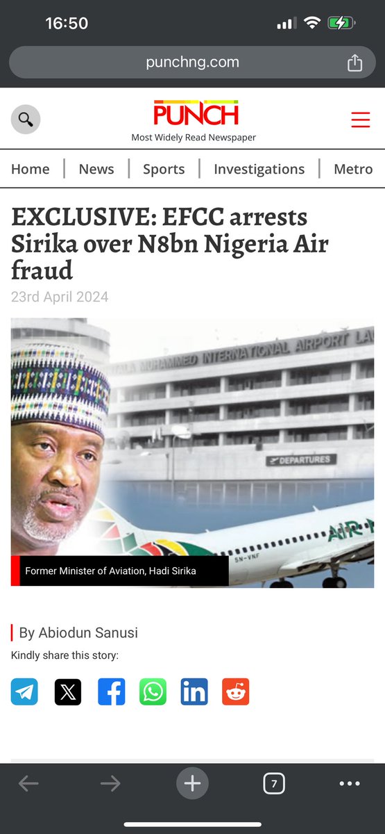 Just In via @MobilePunch EXCLUSIVE: EFCC arrests Sirika @hadisirika over N8bn Nigeria Air fraud. Read more here; punchng.com/exclusive-efcc…