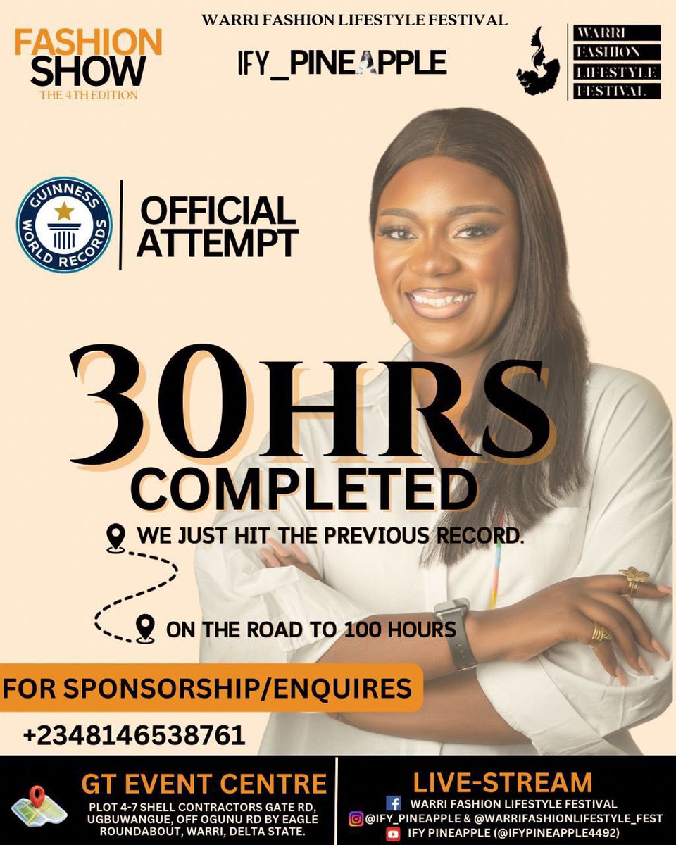 Big ups to @ify_pineapple as she surpasses 30 hours and still working tiredlessly to break the record of the world longest fashion show. let’s show out support for out very own! 

-@GWR should get ready for her!

#ifypineapple #fashionrecordbreaker