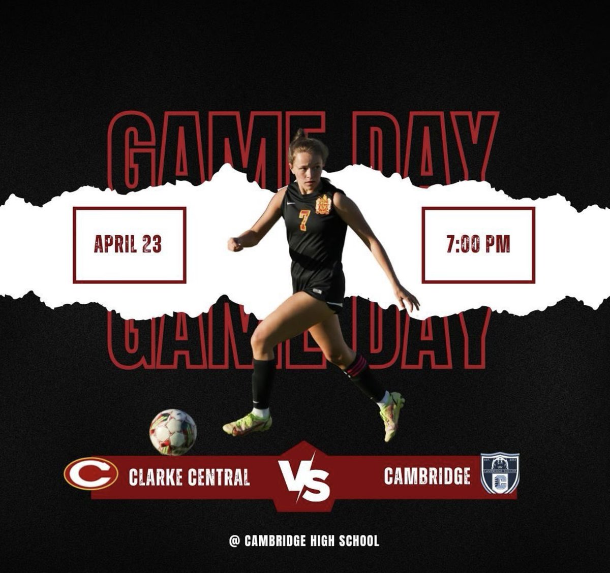 Varsity girls soccer gameday! Sweet Sixteen here we come! Cambridge vs. Clarke Central 📍Cambridge High School ⏰7:00pm