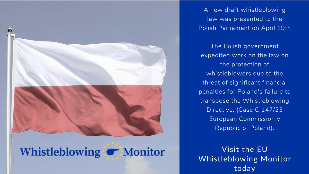 🇪🇺EU WB Monitor Update: A new draft Whistleblowing Law was presented to the Polish Parliament on 19 April 2024 #Sygnalista #Whistleblowing #EUMonitor #Law #Poland Read More. whistleblowingmonitor.eu/country/poland