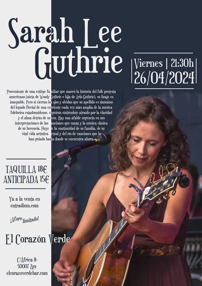 Viernes 26 de abril Sara Lee Guthrie @ El Corazón Verde, Zaragoza A las 21:30 h. Entrada: 15/18€. entradium.com/events/sarah-l…