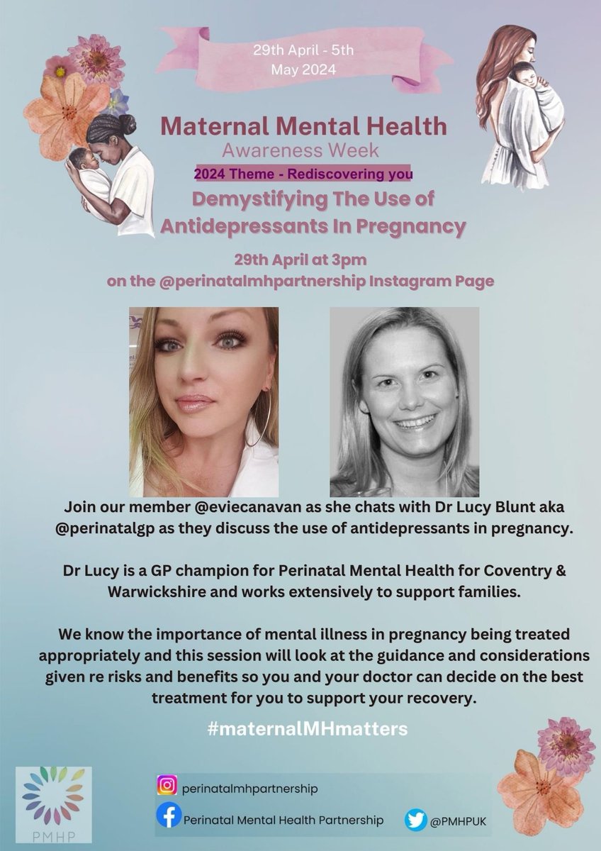 Join our member @eviecanavan as she chats with Dr Lucy Blunt about the use of antidepressants in pregnancy. Taking place for #maternalmentalhealthawarenessweek, tune into our Instagram Live on 29th April at 3pm. #maternalmhmatters #maternalmentalhealth #perinatalmentalhealth #
